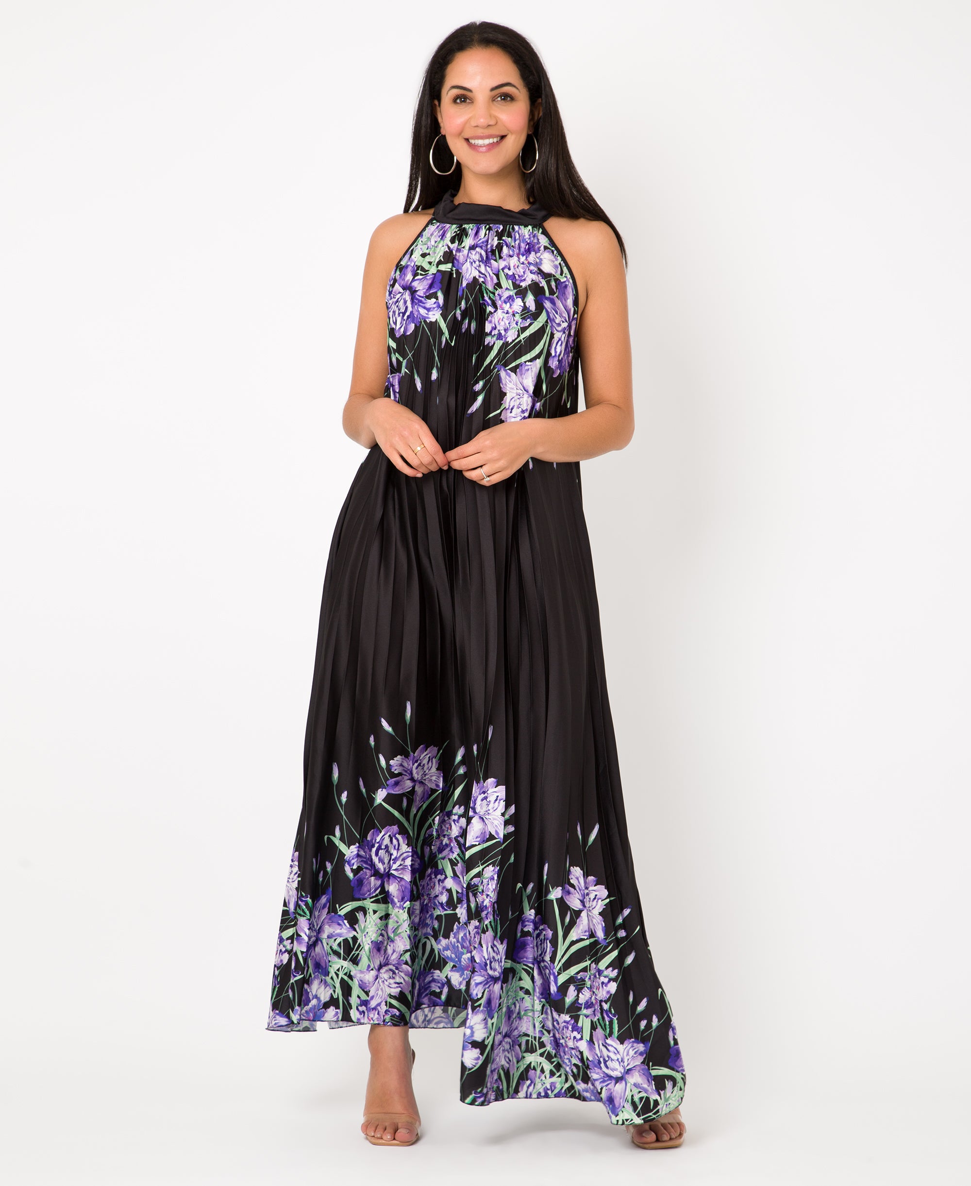 KRISP Floral Print Pleated Satin Halterneck Maxi Dress (11110)